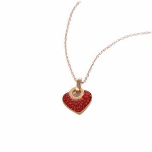 Inlaid Crystals Love Lock Heart Pendant Necklace Gold Stainless Steel Chain Red
